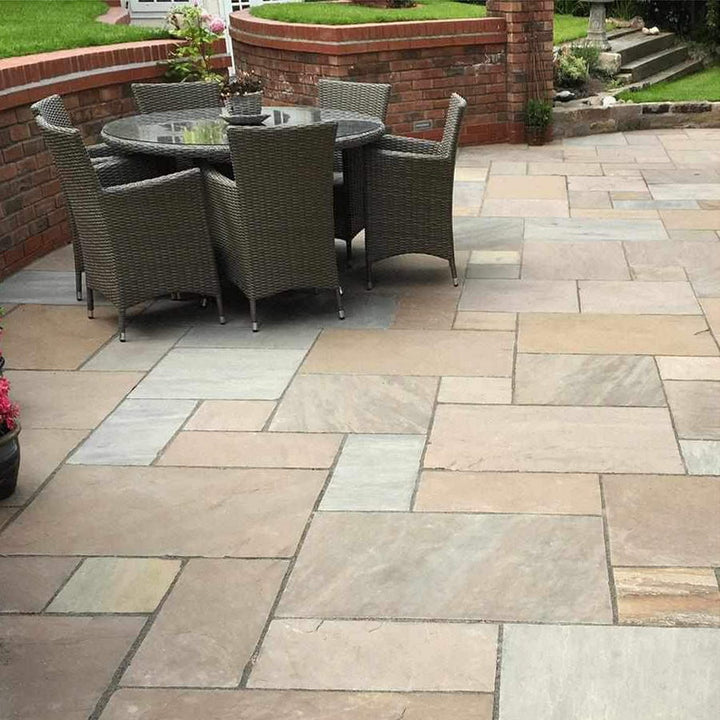 autumn blend Indian sandstone paving slabs