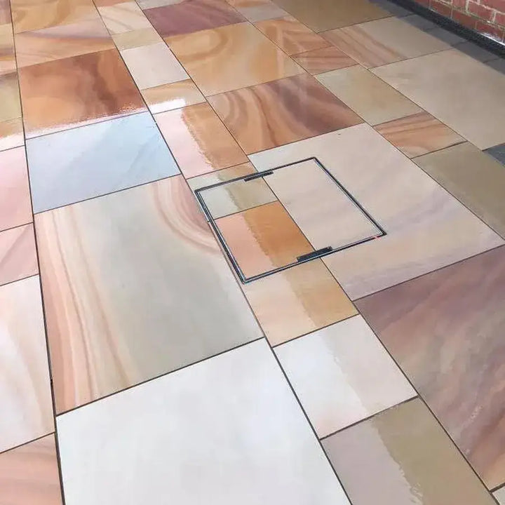 smooth rippon buff Indian sandstone paving slabs sawn honed